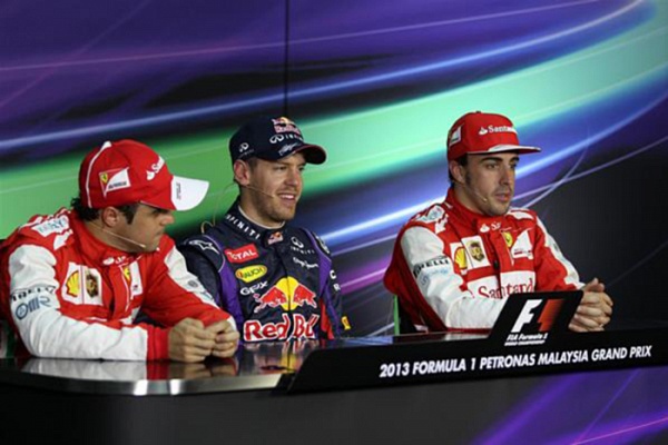 Гран При Малайзии 2013г. Суббота 23 марта квалификация Фелипе Масса Scuderia Ferrari, Себастьян Феттель Red Bull Racing и Фернандо Алонсо Scuderia Ferrari