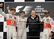 Гран При Китая  2012 г  воскресенье 15 апреля  Дженсон Баттон Vodafone McLaren Mercedes, победитель гонки Нико Росберг Mercedes AMG Petronas и Льюис Хэмилтон Vodafone McLaren Mercedes