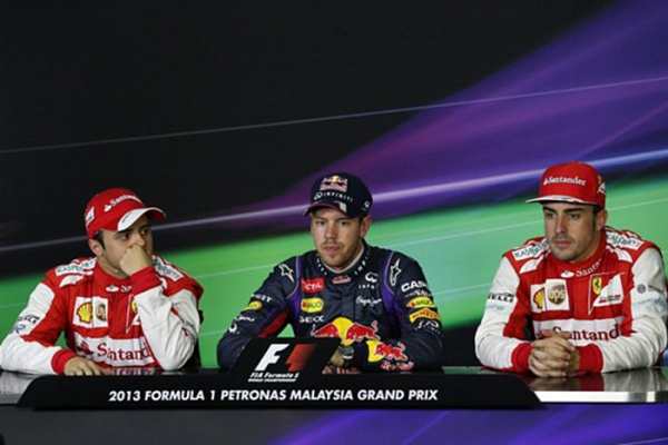 Гран При Малайзии 2013г. Суббота 23 марта квалификация Фелипе Масса Scuderia Ferrari, Себастьян Феттель Red Bull Racing и Фернандо Алонсо Scuderia Ferrari